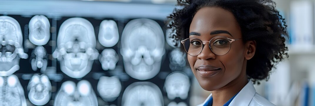 African American scientists presenting skull anatomy using xray images a health seminar