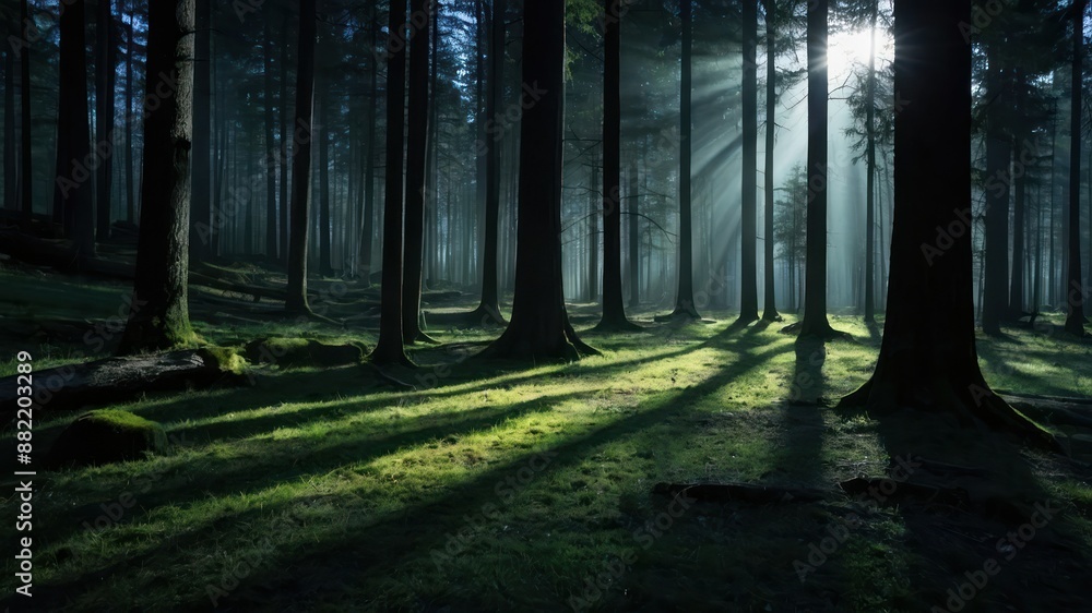 Poster a serene forest scene with sunlight filtering through tall trees, casting long shadows on the forest