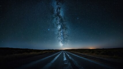 Naklejka premium A breathtaking image of the Milky Way over a dark, starry night sky along a lonely road, perfect for stargazing and conveying a sense of infinite exploration