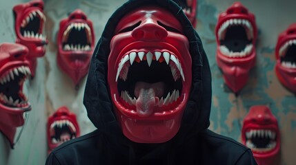 Fearsome Monstrous Creatures with Gaping Jaws and Razor-Sharp Fangs Lurking in the Darkness