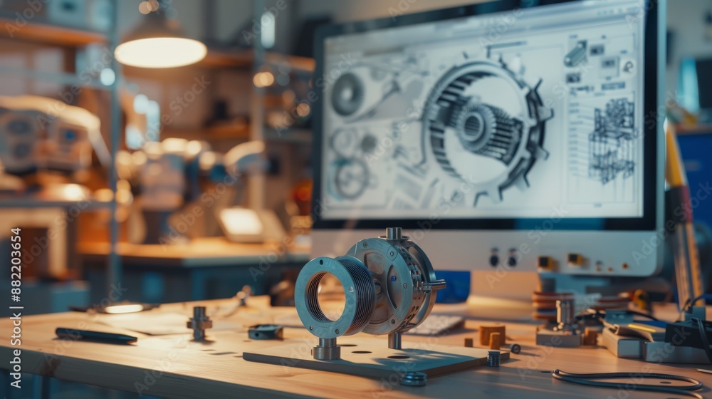 Aufkleber Engineering parts and computer design on monitor in a workshop. Precision and creativity in engineering.