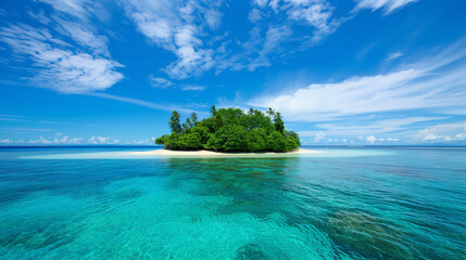 Pristine tropical island surrounded by crystal clear turquoise waters, lush greenery, and a stunning blue sky with scattered clouds.