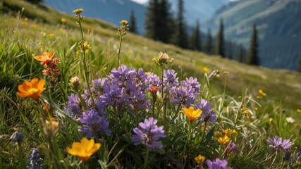 Obraz premium A stunning meadow filled with colorful wildflowers set against a mountainous backdrop, perfect for themes of nature, tranquility, and outdoor beauty