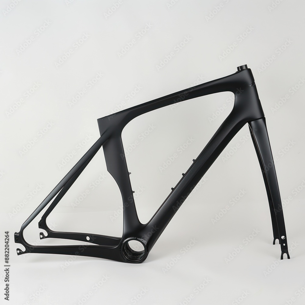 Poster black bicycle frame stands upright against white background. frame composed of front fork, back fork