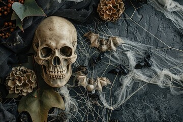 Spooky Halloween Flatlay with Skull, Spider Webs, and Bats 
