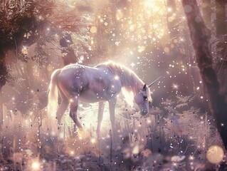 enchanted forest scene with luminous ethereal unicorn magical glow illuminating misty surroundings delicate flora and shimmering particles dreamlike watercolorinspired digital art