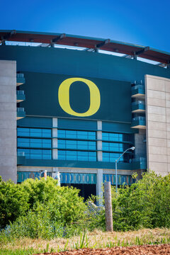 Eugene, Oregon, USA - July 14, 2022: Facade and main entrance of Autzen Stadium against blue sky