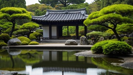 Fototapeta premium Tranquil Japanese garden with traditional architecture, pond, and bonsai trees, perfect for meditation, contemplation, and serene outdoor retreats