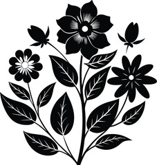 Isolated vector illustration. Stylized branch with leaves and flowers. Vintage floral motif. Folk style. Black and white silhouette.
