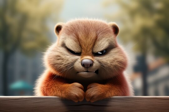Close-up of an adorable cartoon chipmunk with an angry expression on its face, set against a blurred, natural background.