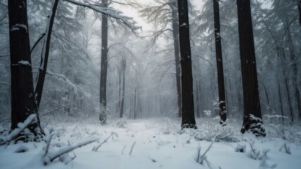 Fototapeta premium A serene and tranquil winter forest with snow covered trees and a misty ambiance, perfect for holiday and nature themed concepts or events