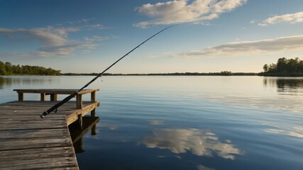 Obraz premium Serene lakeside scene with a fishing pole extending from a wooden dock over calm water, clouds reflecting on the water's surface, creating a peaceful atmosphere
