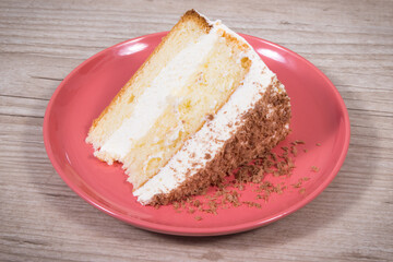 Sweet cake with different layers. Delicious dessert for celebrations