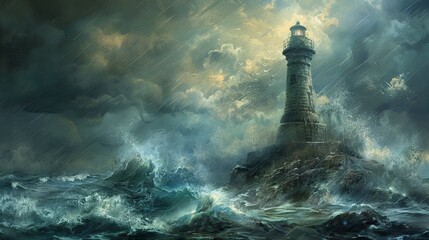 Old stone lighthouse stands as a beacon of hope amidst turbulent seas with storms symbolizing resilience, metaphorical haven, promising safe passage through life's tempests.
