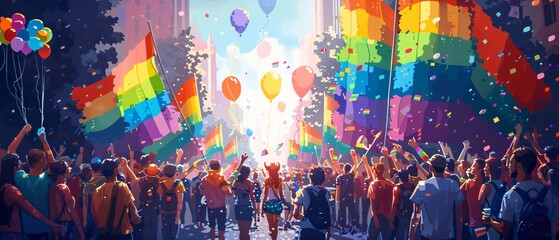Pixel Pride Diverse Individuals Celebrating with Rainbow Banners and Balloons in Vibrant Pixel Art Style