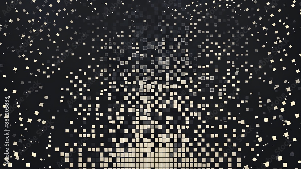 Poster Modern Stylish Halftone Technology Seamless Texture. Tech Abstract Background with Random Size Pixels. Vector Chaotic Squares Mosaic Pattern. Vector Tiles.