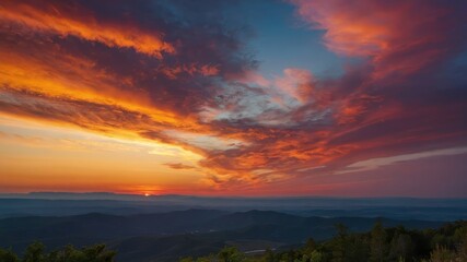 Fototapeta premium A breathtaking sunset with vibrant colors and dramatic clouds above mountain ranges, captured at twilight, perfect for tranquil and scenic concepts
