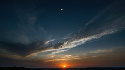 Fototapeta premium Beautiful sunset with a crescent moon and clouds at twilight creating a serene and tranquil landscape, perfect for nature lovers and relaxation themes