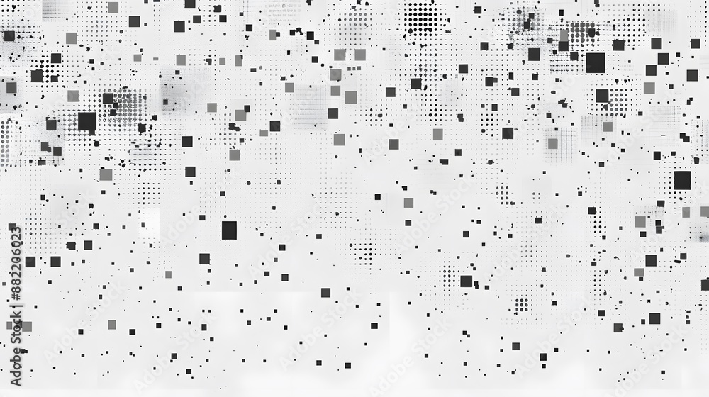 Poster Modern Stylish Halftone Technology Seamless Texture. Tech Abstract Background with Random Size Pixels. Vector Chaotic Squares Mosaic Pattern. Vector Tiles.