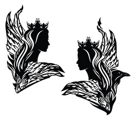 black and white vector silhouette portrait of fairy tale sorceress queen wearing royal crown with her magic raven bird head and wings