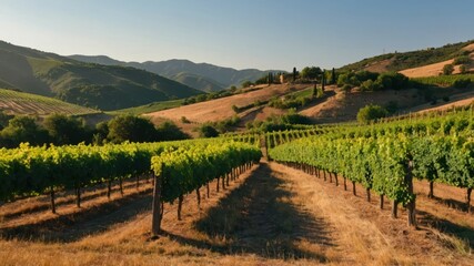 Fototapeta premium A picturesque vineyard with rows of grapevines set against rolling hills and a clear blue sky, perfect for wine production, travel, and relaxation