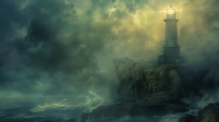 Fototapeta premium On a rugged cliff edge, an old stone lighthouse stands tall against a tempestuous sea, a solitary ray of light through the thick fog, guiding unseen ships to safety