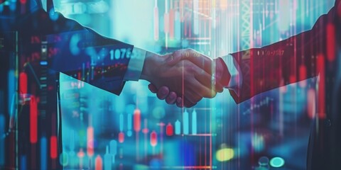Two business partners shaking hands with a futuristic stock market backdrop symbolizing financial agreement.