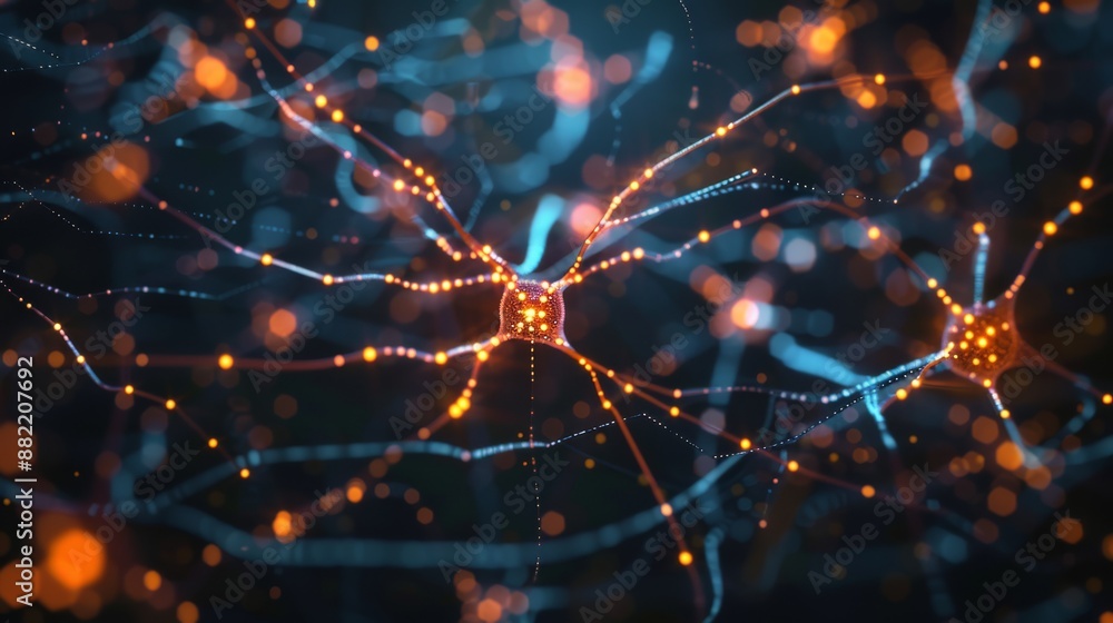 Poster brains neural network connections visualized with glowing orange and blue lights, showing complex we