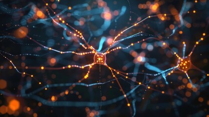 Brains neural network connections visualized with glowing orange and blue lights, showing complex web of communication