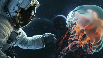 Fototapeta premium Surreal astronaut gently touching a glowing jellyfish in deep space