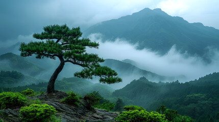 Obraz premium landscape mountain of forest tree pine with foggy