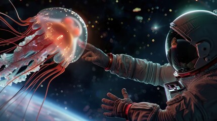 Surreal astronaut gently touching a glowing jellyfish in deep space