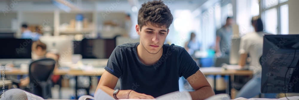 Poster Young engineer studying blueprints in a bright and modern office. Engineering precision and project planning concept.