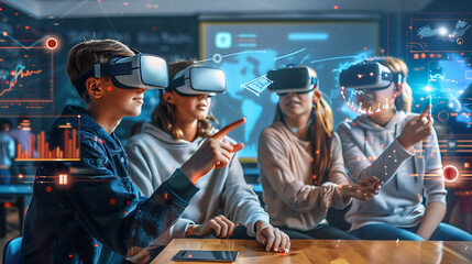 High School Students Using Virtual Reality Headsets in Classroom