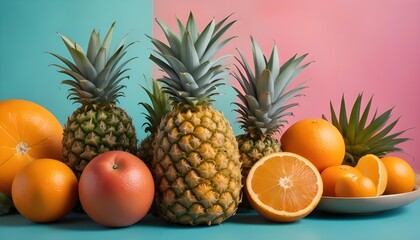 A colorful still life arrangement featuring a pineapple and some other fruits