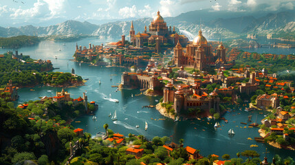 Fototapeta premium 3D rendering of cities from medieval with lake