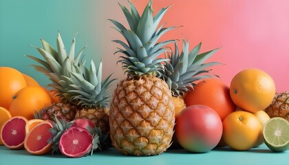 A colorful still life arrangement featuring a pineapple and some other fruits