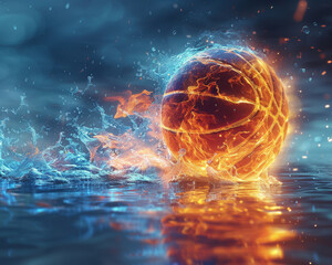 Fototapeta premium Professional illustration of a basketball infused in Fire and Water elements
