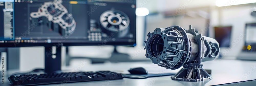Poster 3D printed mechanical part displayed on a desk with CAD software in background. Advanced manufacturing and engineering technology concept.