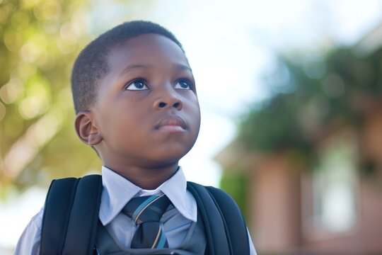 African American seven year old boy in school uniform goes to school with backpack. Urban backdrop of buildings and trees. Boy looks up from sidewalk, gray tie matching overcast sky.