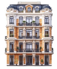 Fototapeta premium Elegant European-style building with ornate architectural details, large windows, and balconies adorned with potted plants.