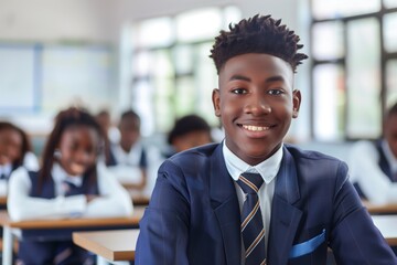 African American teen boy wears classic school uniform smiling at camera. Back to school theme with natural light in classroom setting. Students sit at desks learning environment.