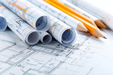 Close-up of architectural blueprints and pencils, representing construction planning and design in the architecture industry.
