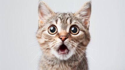 Obraz premium Close-up of a surprised tabby kitten with wide eyes and open mouth against a plain white background.