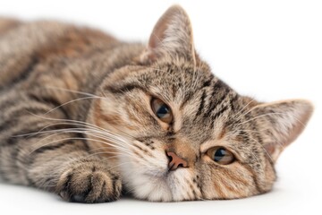 Fototapeta premium Close-up of a tabby cat lying down on a white background with a relaxed and calm expression, showcasing its beautiful fur and expressive eyes.