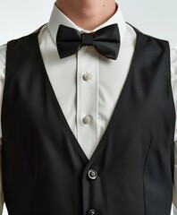 Classic formal attire featuring a black vest, white dress shirt, and black bow tie, perfect for elegant or professional occasions.