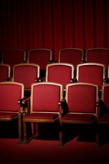 Obraz premium Empty red theater seats under a red curtain.