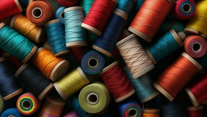 The image shows a pile of colorful spools with thread of various colors.