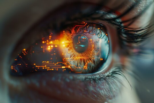 A detailed close-up of an eye with glowing circuitry visible in the iris, showcasing a blend of human and technological elements.