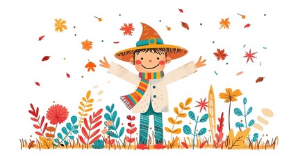 Naklejka premium Cheerful child in autumn clothes with falling leaves and flowers
